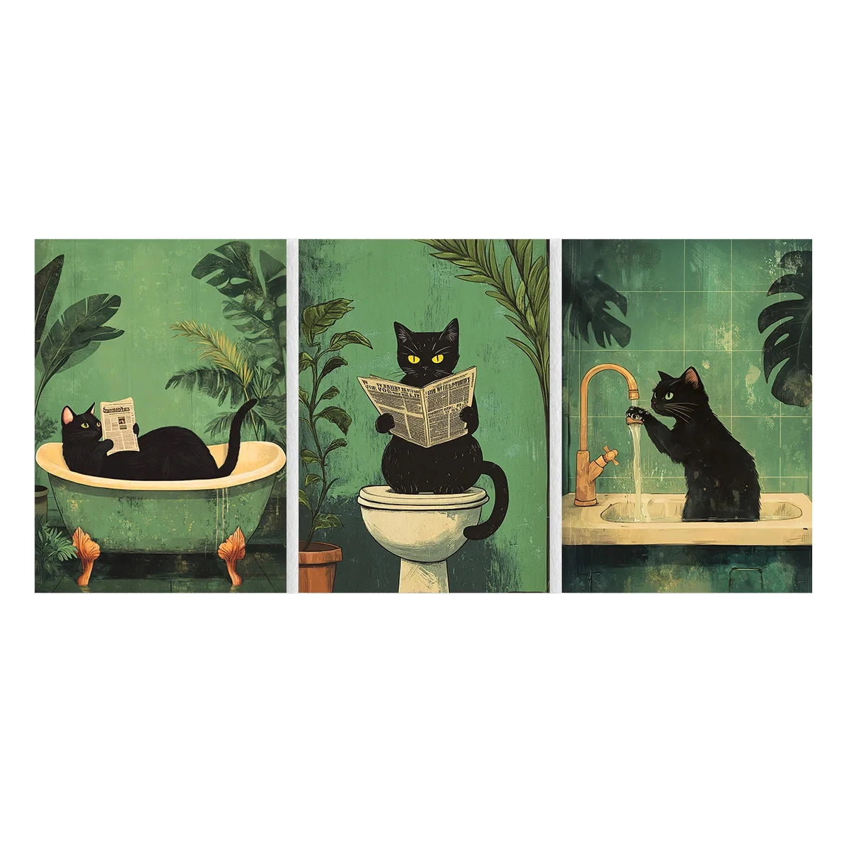 Funny Bathroom Black Cat Canvas Poster Retro Animal Toilet Wall Art Prints for Modern Living Room Bedroom Bathroom Home Decor