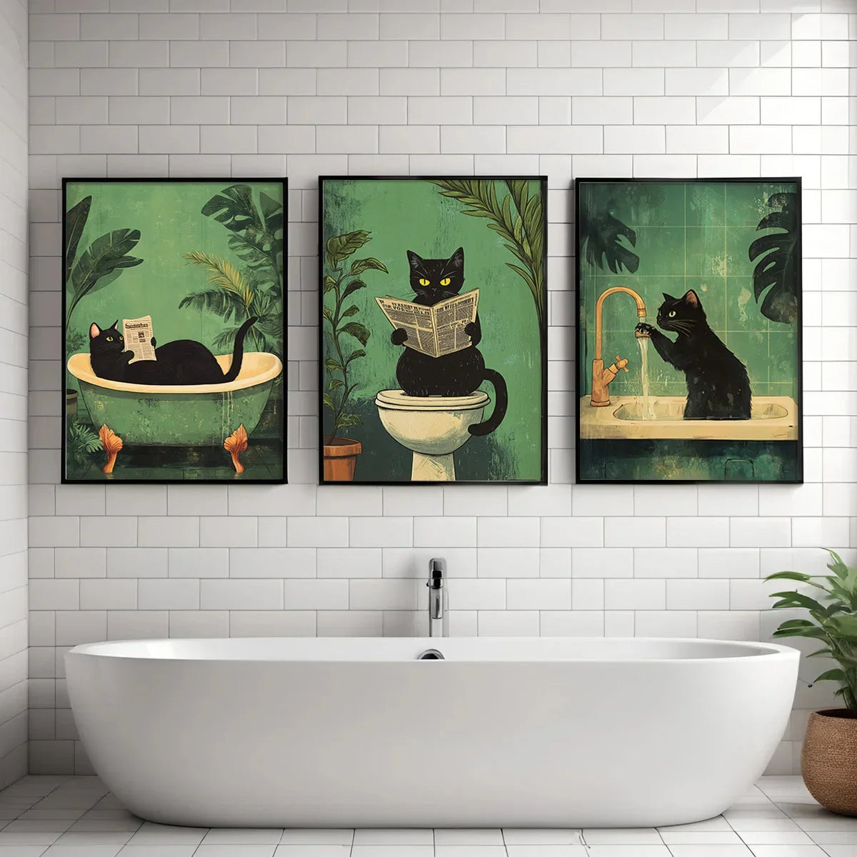 Funny Bathroom Black Cat Canvas Poster Retro Animal Toilet Wall Art Prints for Modern Living Room Bedroom Bathroom Home Decor