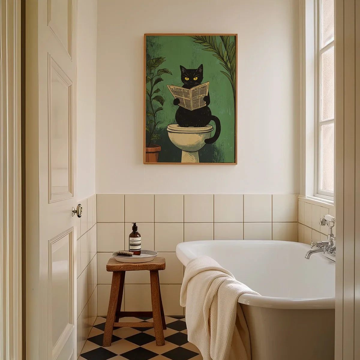 Funny Bathroom Black Cat Canvas Poster Retro Animal Toilet Wall Art Prints for Modern Living Room Bedroom Bathroom Home Decor