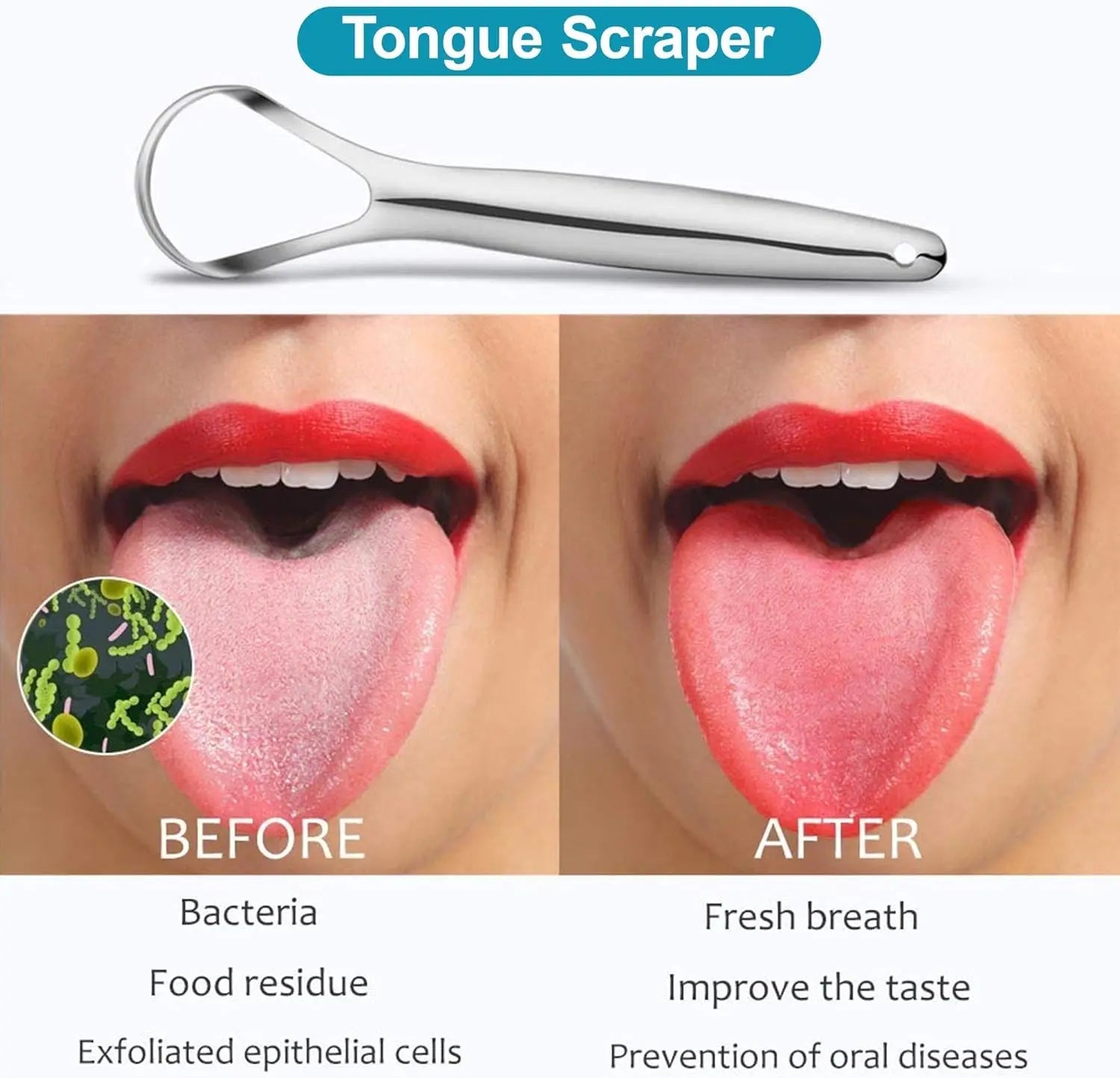 Fights Bad Breath Tongue Cleaner, Stainless Steel Scraper, Removes Bacteria & Coating, for Fresh Breath Daily