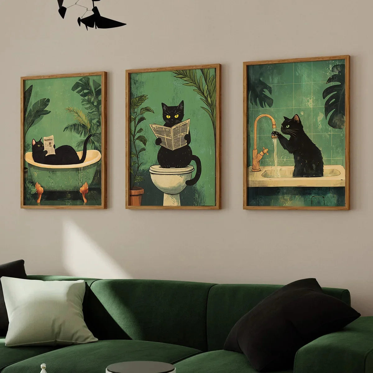 Funny Bathroom Black Cat Canvas Poster Retro Animal Toilet Wall Art Prints for Modern Living Room Bedroom Bathroom Home Decor