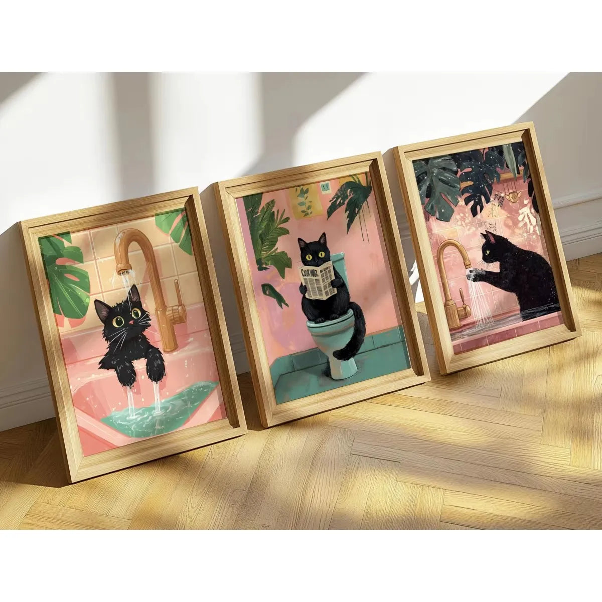 Funny Bathroom Black Cat Canvas Poster Retro Animal Toilet Wall Art Prints for Modern Living Room Bedroom Bathroom Home Decor