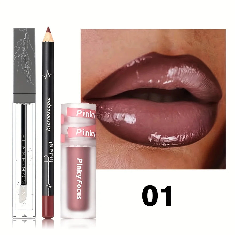 3PCS Glossy Lip Set, Shimmer Lip Gloss + Lip Oil + Lip Liner, Nourishing, Non-Sticky, High Shine, Daily Makeup