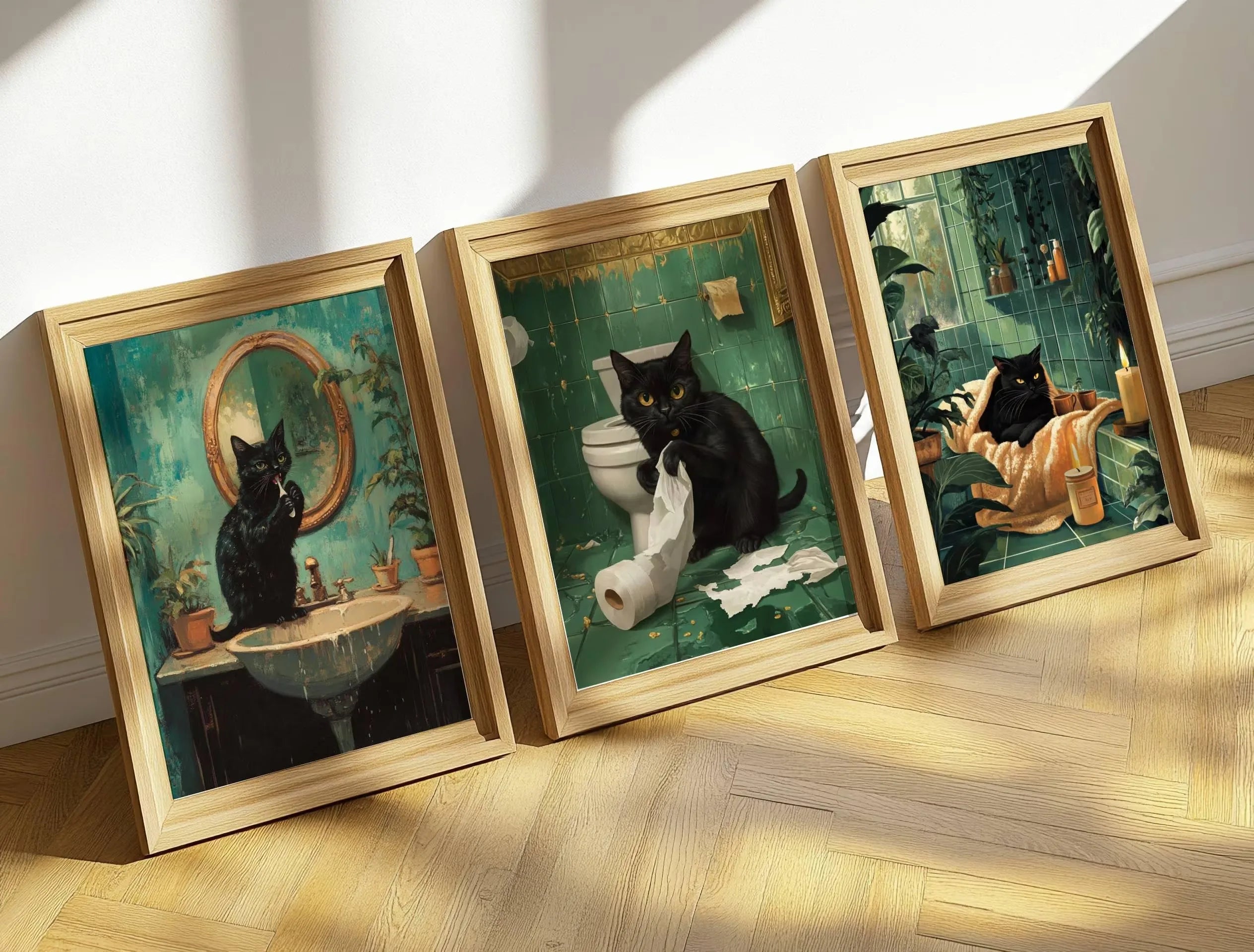 Funny Bathroom Black Cat Canvas Poster Retro Animal Toilet Wall Art Prints for Modern Living Room Bedroom Bathroom Home Decor
